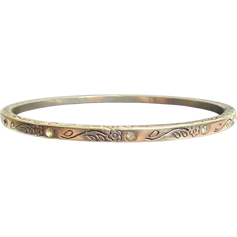 Brighton Silver Heart Center Etched Rhinestone Crystal Station Bangle Bracelet